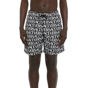 Versace Logo Printed Drawstring Swim Shorts Trunks Mens Black White IT 6 NWT
